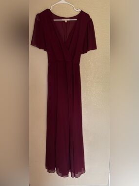 Flutter-Sleeve Wrap Maxi Dress in Deep Wine